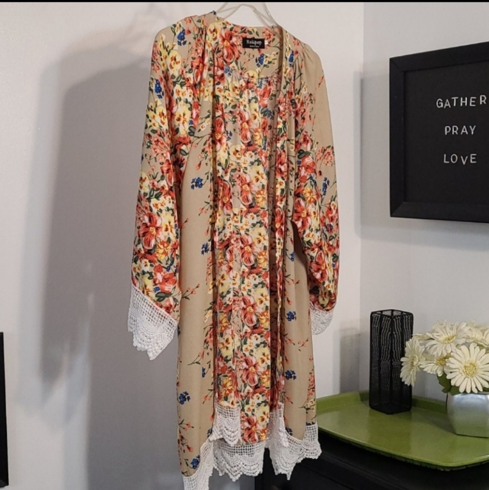 Kimono Open Cardigan Cover Up Floral Tatting - Picture 3 of 11